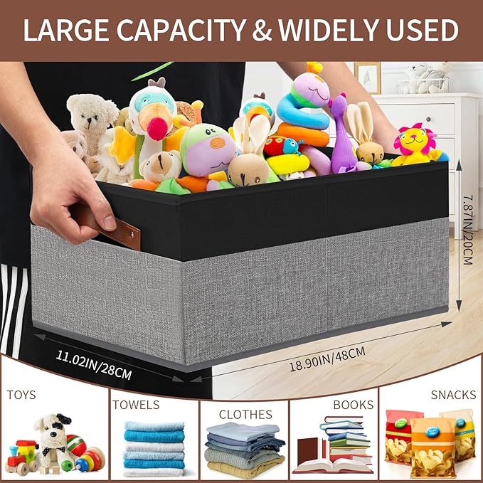 3 Pack Large Capacity Storage Bins Closet Organizer for Shelves, Fabric Closet Storage Baskets Boxes with Leather Handles for