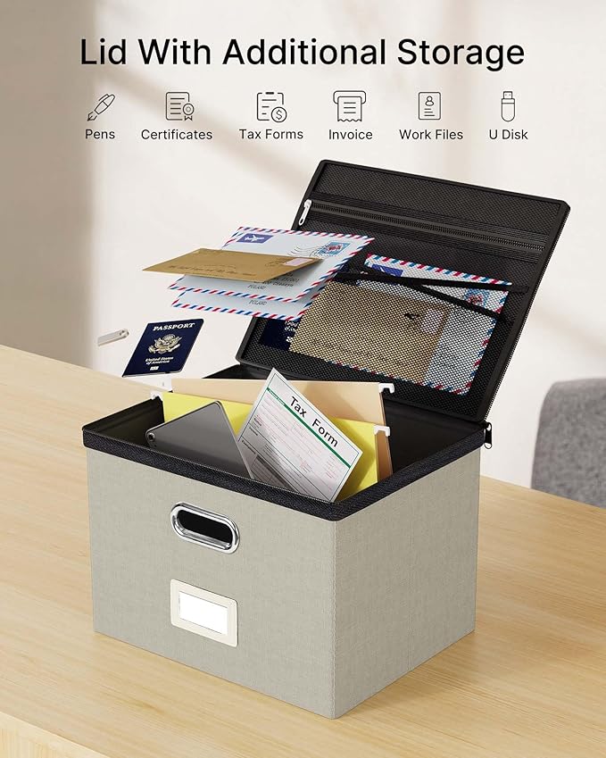 Oterri File Organizer Boxes with Lids, File Box with Mesh Pockets, Document Organizer Box for Letter Size Folders, Zippers Im