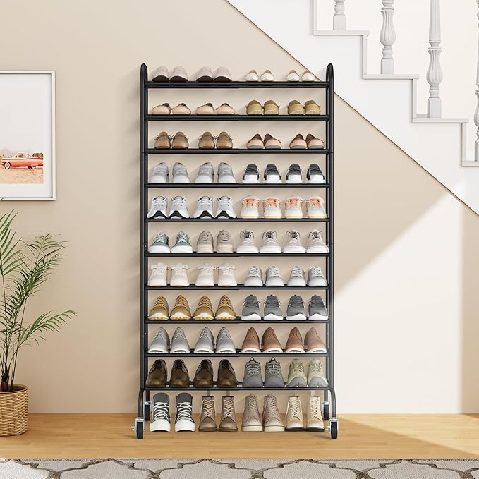 STORAGE MANIAC 10-Tier Expandable Shoe Rack, 44 Pairs Tall Vertical Shoe Rack, Heavy-Duty Metal Adjustable Shoes Organizer fo