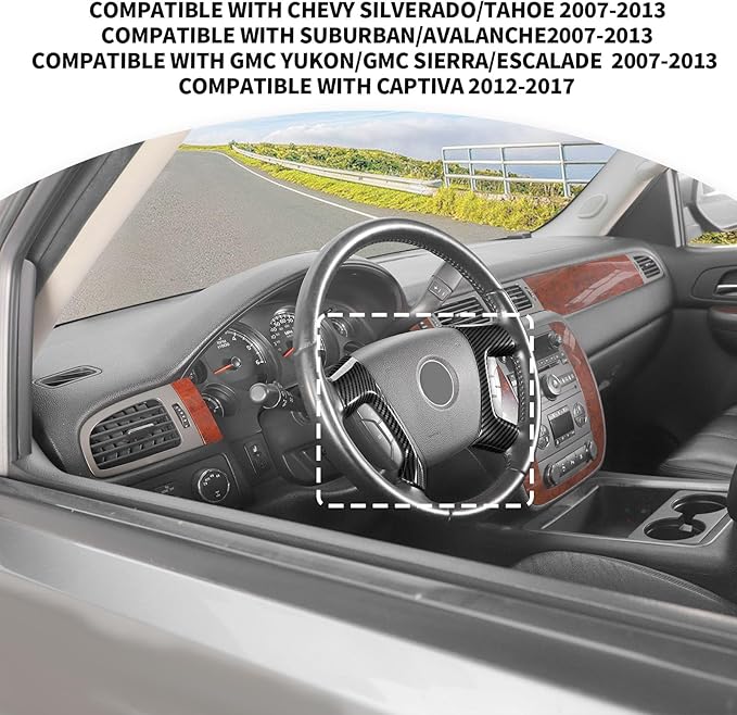 JeCar Steering Wheel Trim Covers Interior Accessories Compatible with Chevy Silverado/Tahoe/Suburban/Avalanche/GMC Yukon/GMC Sierra/Escalade 2007-2013 & Captiva 2012-2017, Black Carbon Fiber Finish
