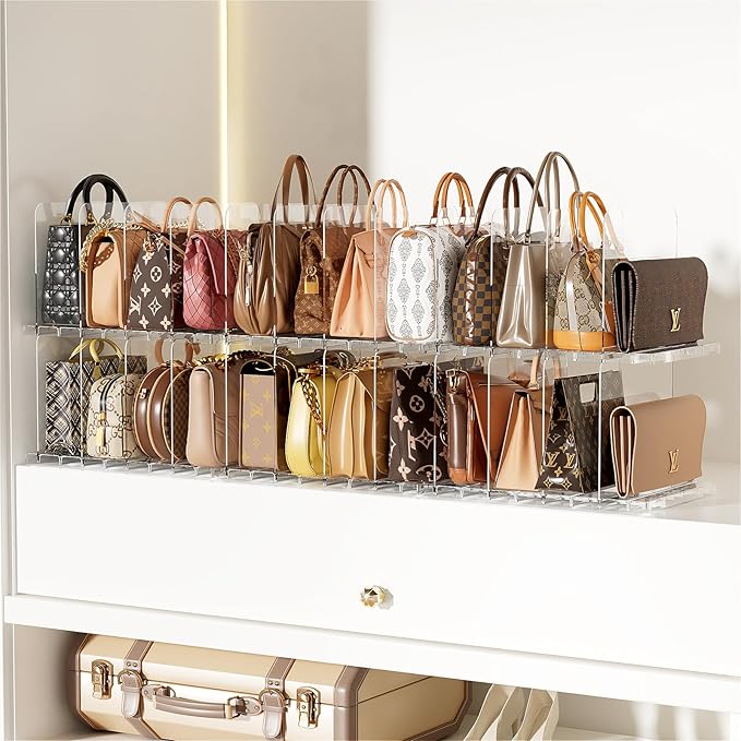 Stackable Bag & Purse Organizer for Closet Acrylic Shelf Dividers for Closet Organization, Clear Handbag Purse Storage Organi