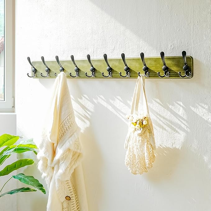 Dseap Coat Rack Wall - Heavy-Duty 38-1/4" Long, with Reinforced 10 Custom Tri-Hooks, Solid Wood Wall Hanger for Coats Hat Jac