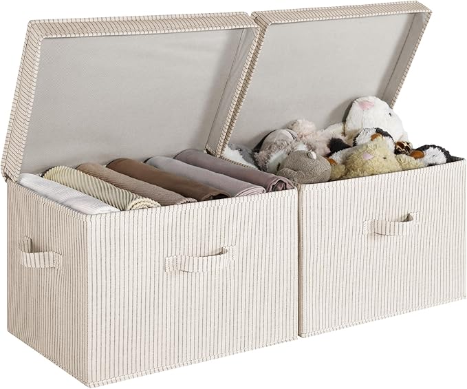 StorageWorks Fabric Storage Bins with Lid, Decorative Storage Boxes for Shelves, Stackable Closet Organizer Basket with Handl