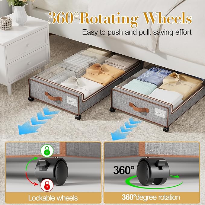 Yecaye Under Bed Storage with Wheels, 2 Pack Under the Bed Storage Containers with Lids & Label, XXL 60L Rolling Underbed Sto