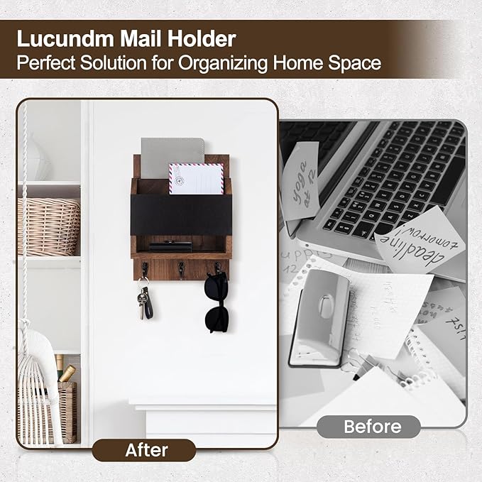 Key and Mail Holder for Wall, Key Holder with Chalkboard and Long Storage Box, Key Hanger with 3 Sturdy Hooks for Coat, Dog L