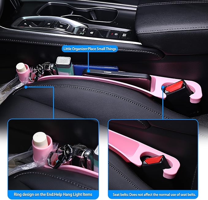 Supin Car Seat Gap Filler Set of 2, Multifunctional Seat Side Gap Filler with Organizer & Hook Function& 2 Storage for Stabilizing Phone,Keys Wallet, Fill The Gap Between Seat & Console (Pink)