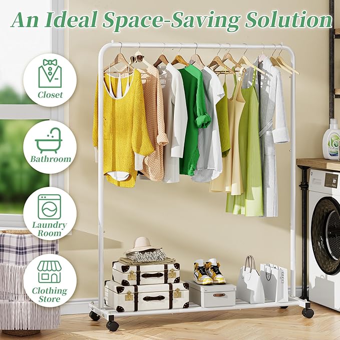 Simple Trending Standard Clothes Clothing Garment Rack with Storage Shelves, Rolling Clothes Organizer on Wheels for Hanging 