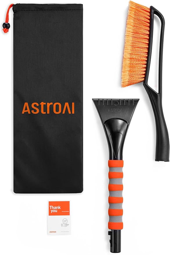 AstroAI 27" Snow Brush and Ice Scrapers for Car Windshield, Detachable Snow Scrapers with Ergonomic Foam Grip for Cars, Trucks, SUVs (Heavy Duty ABS, PVC Brush, Orange) (Pack of 2)