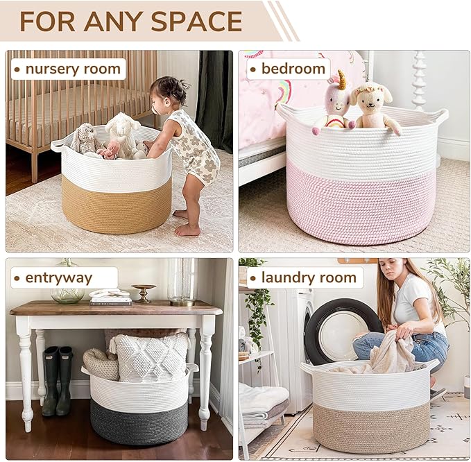 INDRESSME Large Laundry Basket, 21.7'' x 13.8'' Cotton Rope Blanket Basket Living Room Toy Baskets Storage Kids, Woven Basket