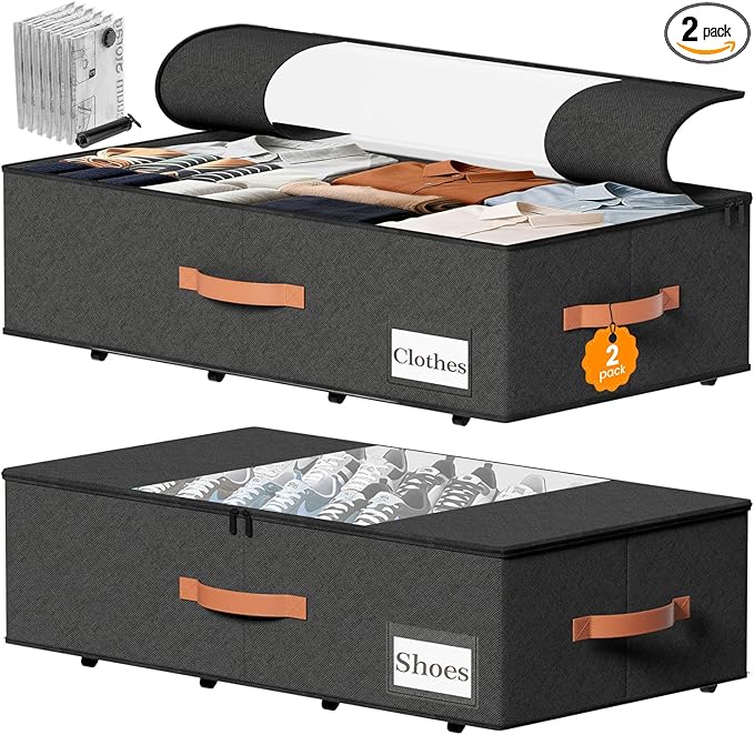 2-Pack Under Bed Storage Bins with Wheels and 6 Vacuum Seal Bags, Heavy Duty 80lbs Capacity, 65L Clear Lid Organizer for Dorm