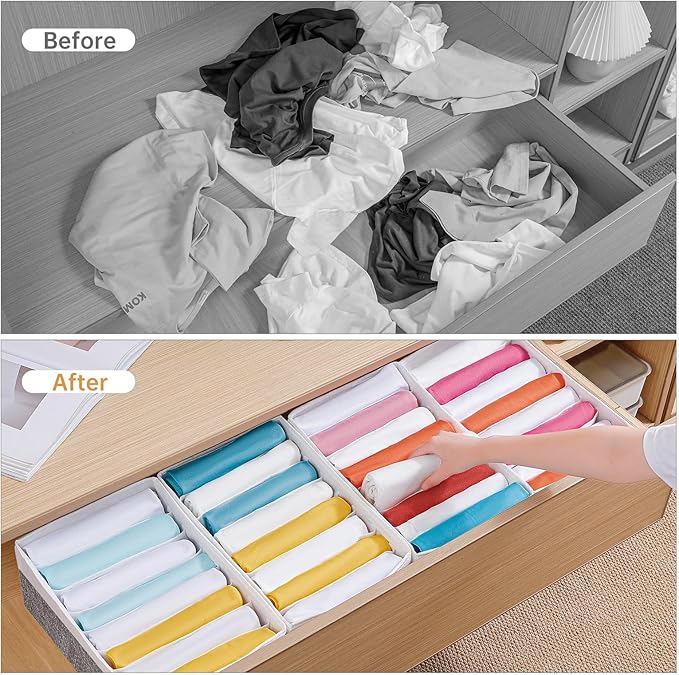 4 Packs T-shirt Drawer Organizers for Clothing,8 Grids Compartment Wardrobe Storage Box, Washable Clothes Organizer for Leggi