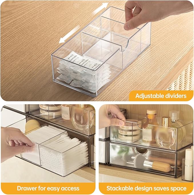 PAVSTINE Medicine Cabinet Organizer 3 Pack, Plastic Stackable Storage with 2 Drawers, Bathroom Mirror Cabinet Organizer with 