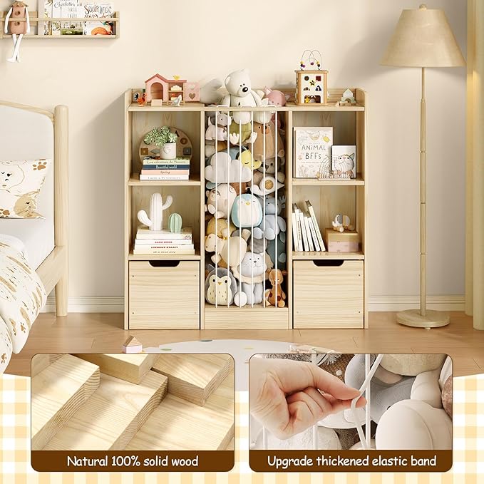 Toy Storage Organizer with Stuffed Animal Storage, Solid Pine Wooden Toy Organizer & Stuffed Animal Zoo, 4 Cubes Shelf with 2