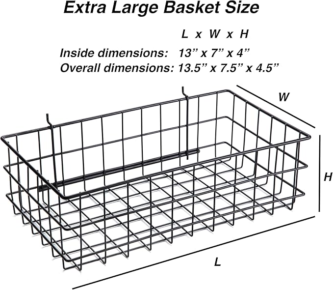 RightArrange Pegboard Basket Size XL, Black - Hooks to Any Peg Board - Square Style Wire Shelf Baskets - Organize Tools, Work