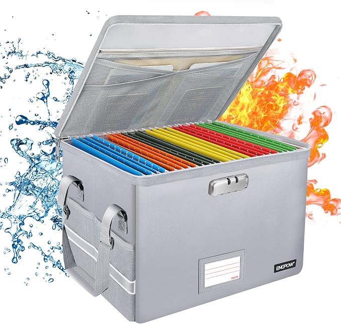 ENGPOW File Box with Lock, Fireproof Document Box with Zipper＆Pockets, Collapsible File Organizer Filing Storage Cabinet with