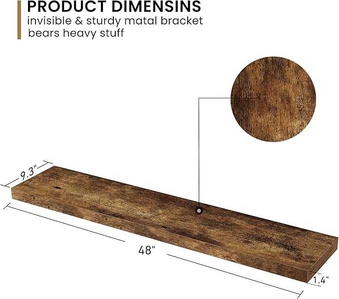 Fun Memories 48Inch Floating Shelves, 9.3Inch Deep Rustic Wall Shelves - Extra Deeper & Thicker Wall Mounted Storage Shelf fo