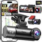 4K+2K+2K 3 Channel Dash Cam Front and Rear, 128GB Card Included, Dash Camera for Cars 5.8G/2.4G Dual Wifi, Built-in GPS, Nigh