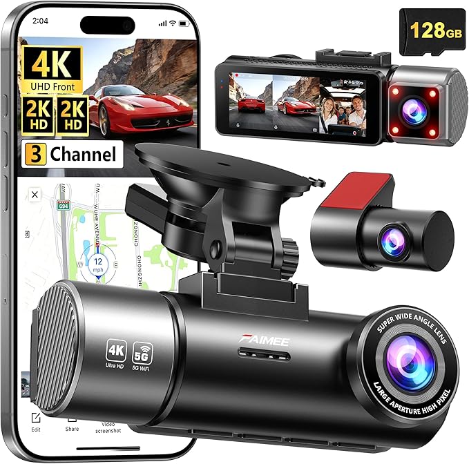 4K+2K+2K 3 Channel Dash Cam Front and Rear, 128GB Card Included, Dash Camera for Cars 5.8G/2.4G Dual Wifi, Built-in GPS, Nigh