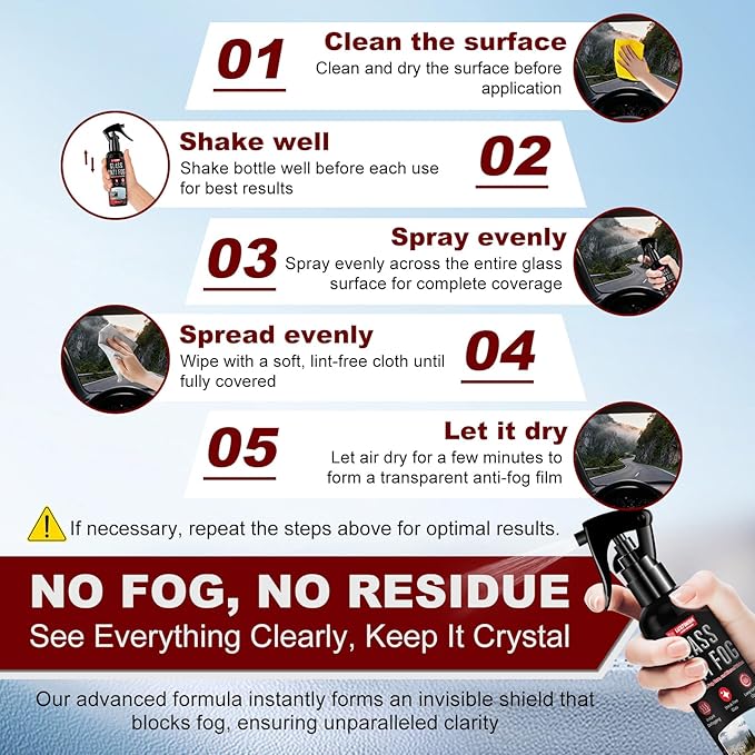 Anti Fog Spray for Glass & Windshield Defogger – 24H Long Lasting Prevention for Car, Mirrors, Windows, Goggles, Shower Door 