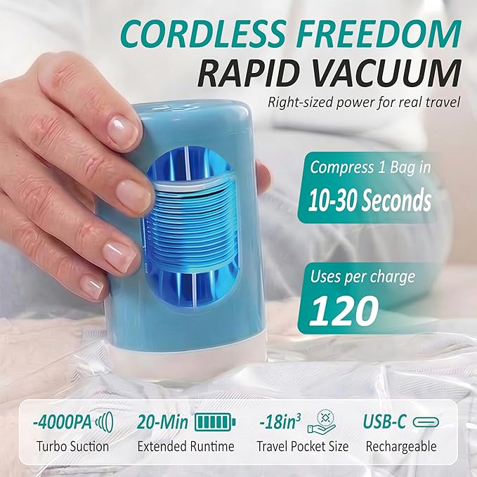 Cozy Essential Travel Vacuum Storage Bags with Rechargeable Cordless USB Pump, Space Saver Bags for Luggage, Suitcase, Carry-