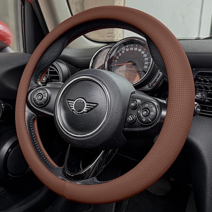 PINCTROT Large Size Nappa Leather Steering Wheel Cover, Slim Fit No Bulk Design, One Piece Leather with Breathable Perforatio