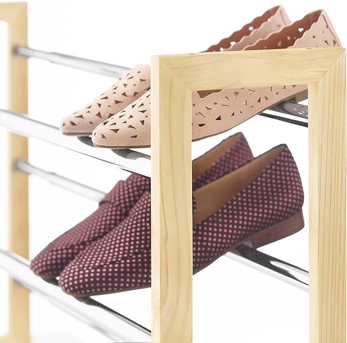 Whitmor 3 Tier Expandable Shoe Rack -Stackable - Natural Wood and Chrome