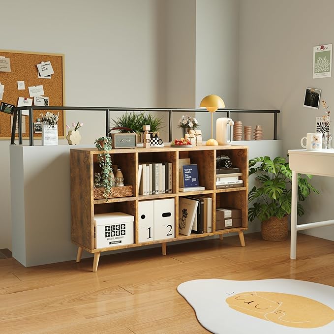 Flrrtenv 8-Cube Bookshelf 2 Tier Retro Bookcase with Legs, 11in Shelf Opening, 47" Wood Bookshelves Storage Organizer Shelf, 