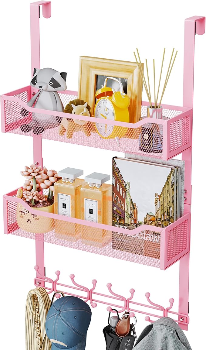 SWTYMIKI Over The Door Hooks Organizer - Multi-Functional Door Hanger with 16 Hooks & 2 Mesh Baskets, Long Coat Rack for Bath