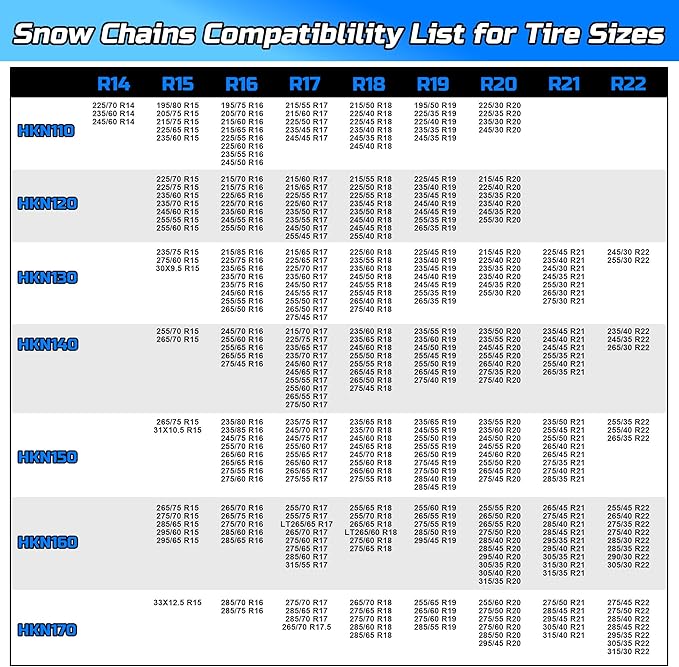 Auto Tightening Snow Chains Tire Chains Quick Easy Installation HKN140 Set of 2 for Cars SUV Pickup Trucks RV 215 225 235 245