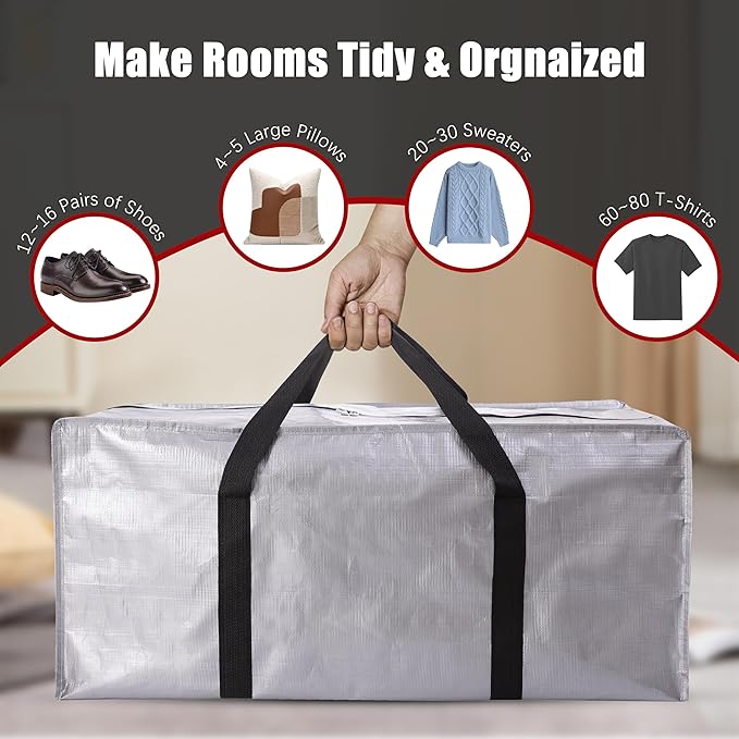 Extra Large Moving Bags with Zippers & Carrying Handles, Heavy-Duty Storage Tote for Space Saving Moving Storage, Fold Flat, 