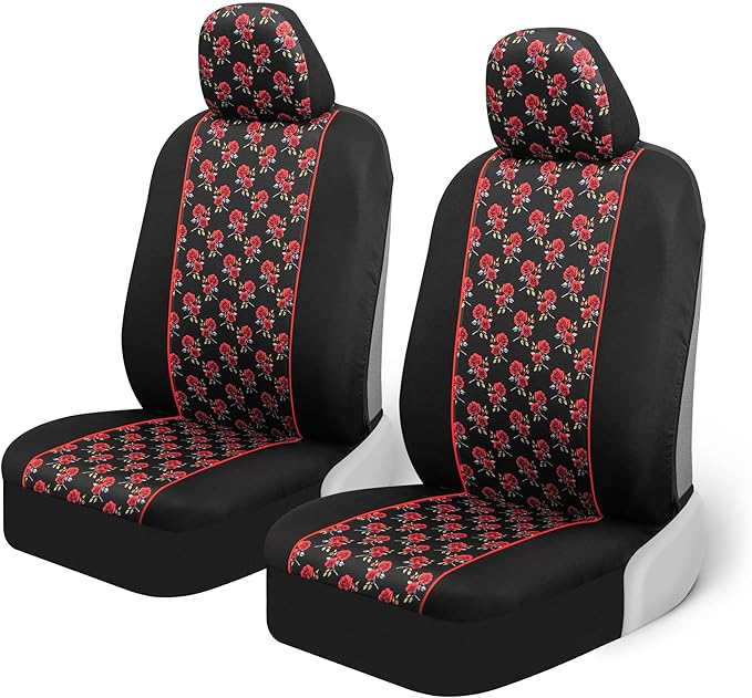 BDK Red Rose Car Seat Covers for Front Seats, 2 Pack – Flower Pattern Front Seat Cover Set with Matching Headrest, Sideless D