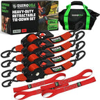 Rhino USA Retractable Ratchet Straps (4-Pack) - 2 Inch x 10 Feet (3,033lb Break Strength) - Heavy Duty Auto Self Retracting Tie Down Straps for Truck, Cargo Trailer, Motorcycle, Rad & More - Red
