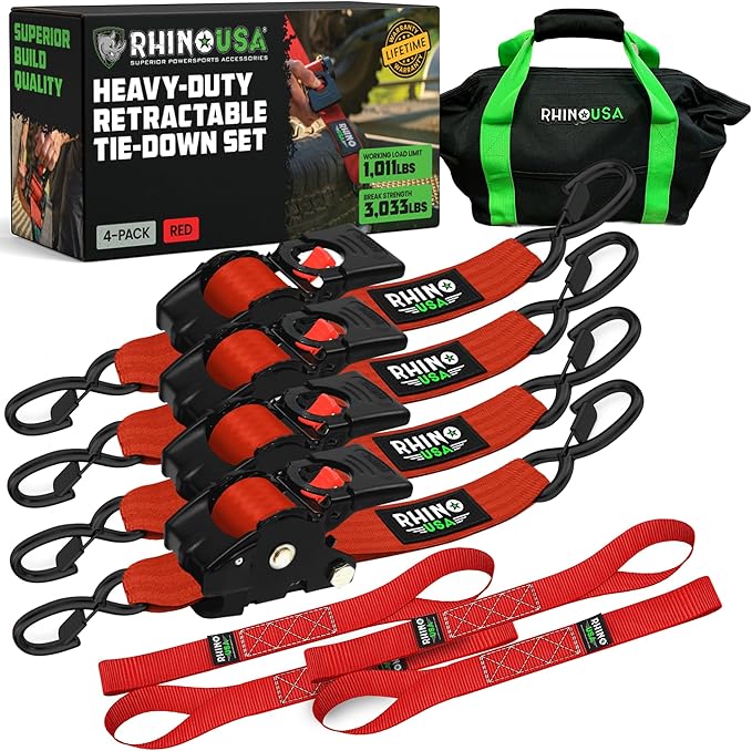 Rhino USA Retractable Ratchet Straps (4-Pack) - 2 Inch x 10 Feet (3,033lb Break Strength) - Heavy Duty Auto Self Retracting Tie Down Straps for Truck, Cargo Trailer, Motorcycle, Rad & More - Red