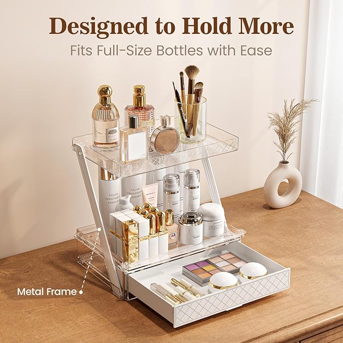 Makeup Organizer Countertop with Drawers & Lid, Skincare Organizer for Vanity, Large Cosmetic Organizer & Display Cases and S