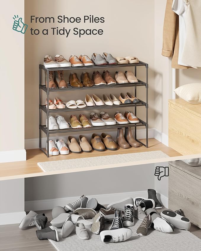 SONGMICS Shoe Rack, 4-Tier Shoe Organizer, Metal Storage Shelf, Upright or Upside Down, for 20-25 Pairs, Stackable, for Entry