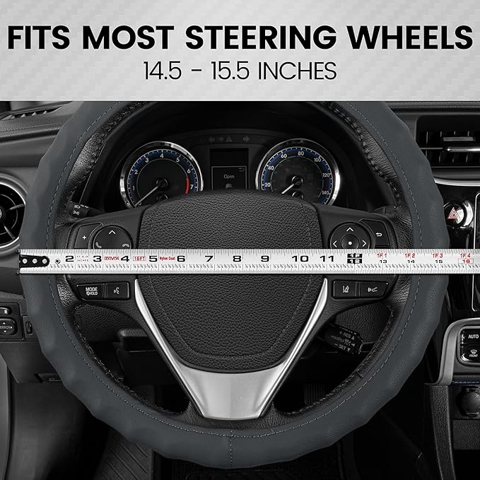 BDK Genuine Gray Leather Steering Wheel Cover for Car, Medium (14.5" - 15.5") – Ergonomic Comfort Grip for Men & Women, Unive