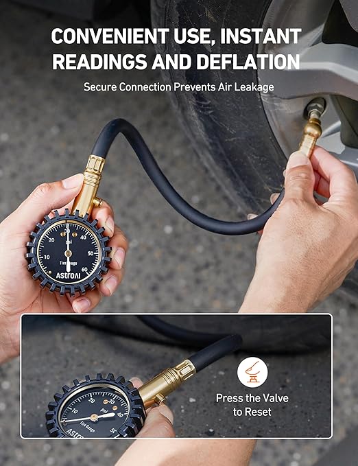 AstroAI Tire Pressure Gauge for Cars with Large 2" Dial, Solid Brass with Rubber Hose, Air Bleeder Valve, ANSI B40.1, 0-60PSI