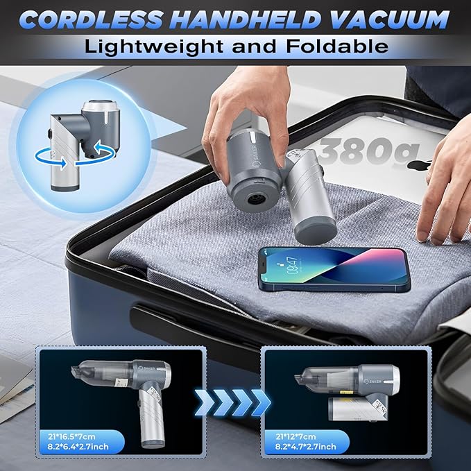 Saker Car Vacuum Cleaner 17000PA Foldable Mini Handheld Vacuums Portable Cordless with Brushless Motor for Gifts, Hair,Cars,B