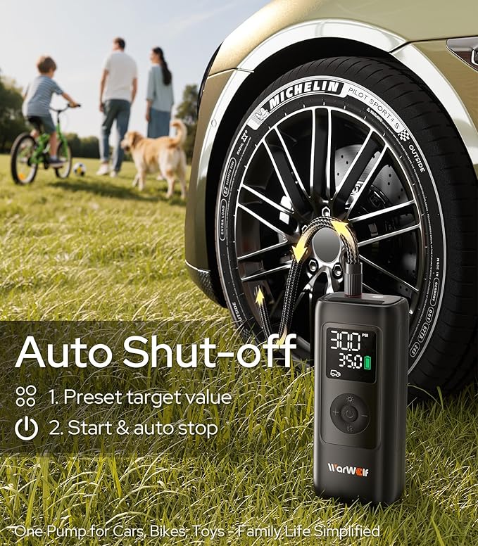 WARWOLF 160PSI Tire Inflator Portable Air Compressor, Electric Air Pump for Car Tires with Pressure Gauge, Dual Power 12V DC, LED Light, Auto Shut-Off, Tire Pump for Auto, Motorcycle, Bicycle, Balls