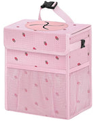 Corduroy Car Trash Can with Lid and Mesh Pockets - Leakproof Organizer,Multipurpose Waterproof Garbage Can/Trash Bin for Car(Pink/Red Strawberry Print-3 Gallons)