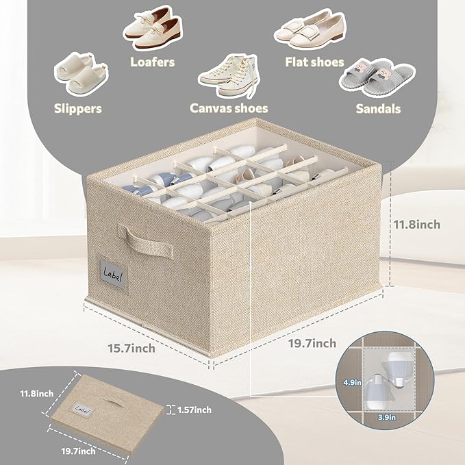 2 Pack Shoe Organizer for Closet, Fits 16-32 Pairs Fabric Shoe Storage Bins Large Shoe Box Storage Containers with Bottom Sup
