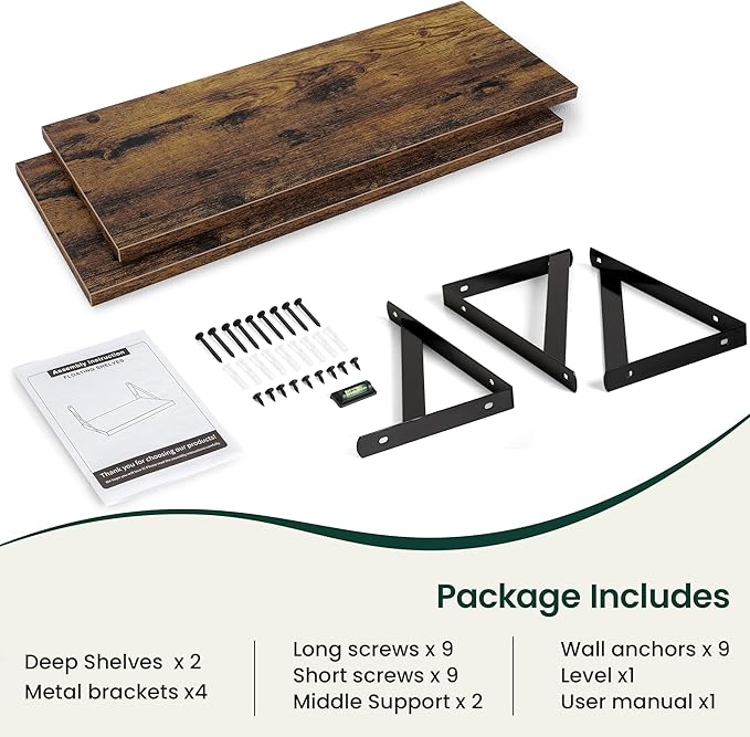Floating Shelves, 12 Inch Deep Rustic Wood Wall Storage, 36W x 12D Wall Shelves Set of 2, Heavy Duty Metal Brackets, Large In