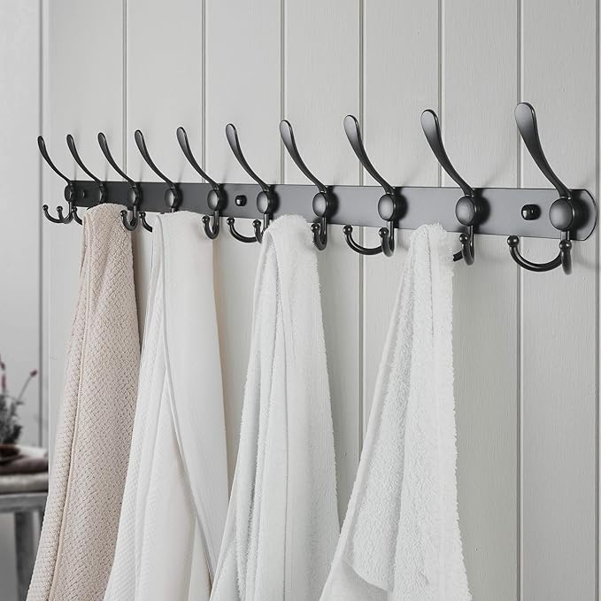 Dseap Coat Rack Wall Mount - 38” Long 10-Tri-Hooks Heavy Duty Coat Hanger Rail Wall Hooks for Hanging Coats Hats Clothing Clo