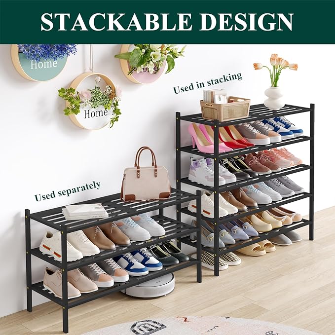 Smiry Long Bamboo Shoe Rack 3-Tier, Stackable Wooden Shoe Organizer for Entryway & Closet, Free Standing Wood Shoe Storage Sh