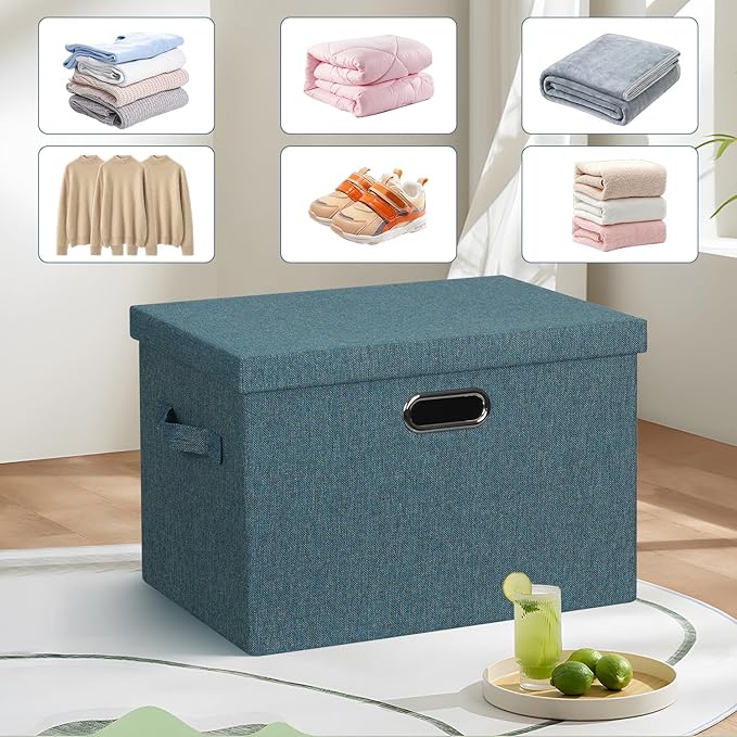 Graciadeco Large 17" 36 Quart Collapsible Stackable Storage Bins with Lids, 3 Packs Blue-Green Linen Fabric Closet Boxes with