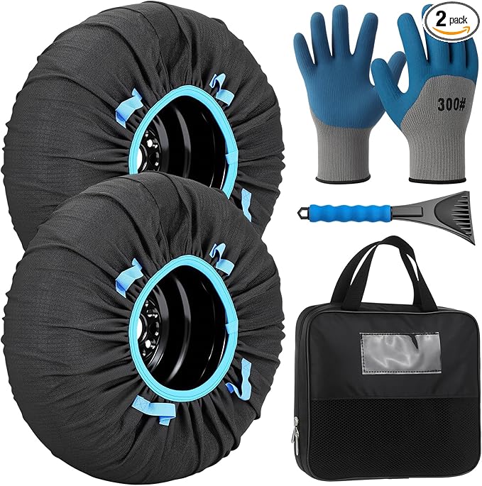 2 Pack Automotive Snow Socks for Tire, Traction Aid Anti Slip Tire Covers Chain with Ice Scraper Gloves, Universal Emergency Winter Kit for Cars Suvs Trucks Quick Fit Easy Installation (XL)