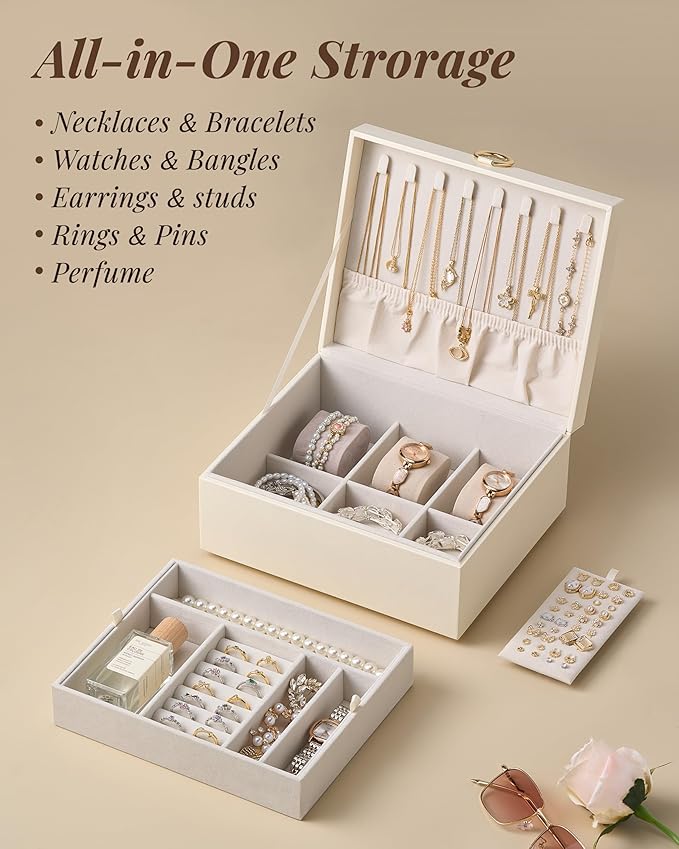 pickpiff 2 Layer Jewelry Box Organizer for Women, Jewelry Organizer with Handle & Removable Tray, Necklace Holder Ring Earrin
