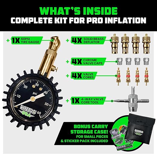 Rhino USA Adjustable Tire Deflators with Gauge (0-60psi) Calibrated & Automatic Tire Air Down Tool - Large 2" Easy Read Glow Dial & Solid Brass Hardware - Best Offroad Deflator for Jeep, Truck or ATV