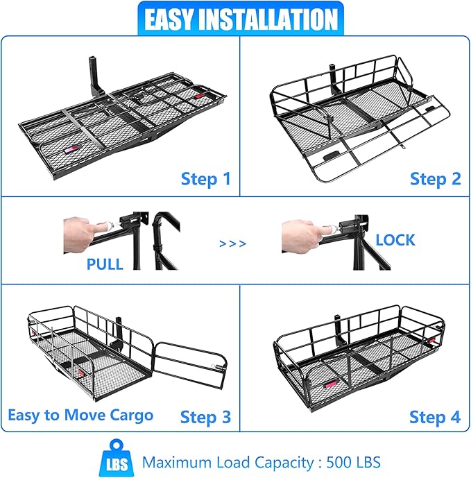 KAIRAY 500 Lbs Heavy Duty Hitch Mount Cargo Carrier 60" x 24" x 14.4" Folding Cargo Rack Rear Luggage Basket Fits 2" Receiver for Car SUV Camping Traveling