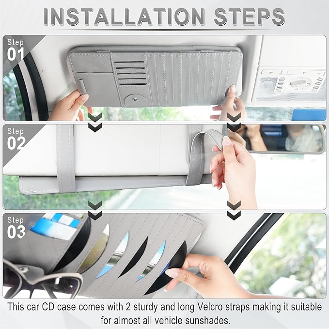 alpmosn Sun Visor CD Case Holder for Car - Multi-Function Visor Organizer with CD/DVD Storage, Eyeglass Clip, Card Slots & Pen Holder, Durable Leather Car Accessories (Grey)